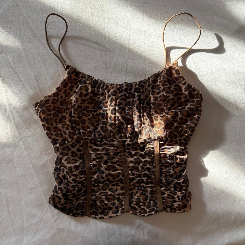 Princess Polly Leopard Ruched Mesh Corset Crop Top Brown Y2K Festival Size 2 - Picture 3 of 6